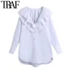 Moda de mulheres com plissado guarnição solta blusa vintage manga comprida botão camisas femininas blusas chique tops 210507