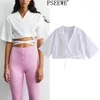 Women's White Shirt Wrap Crop Top Female Fashion Short Sleeve Chic Woman Blouse Hem Tied High Street Sexy Tops 210519