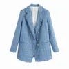 BBWM Tweed femmes élégant bleu Blazers mode dames Vintage ample Blazer vestes décontracté femme Streetwear costumes filles Chic 210520