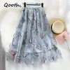 Qooth Sommer Trendy Frauen Tüll Ballkleid Röcke Stickerei pailletten schmetterling Glänzende Röcke Midi Röcke Mit Futter QT050 210518