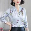 秋の韓国のシルクの女性のブラウスサテンの花刺繍のシャツプラスサイズXXXL Blusas Femininas Elegante Ladies Tops 210531