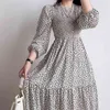 Японскихsev Vaily Print с длинным рукавом платья для женщин весна O-шеи Flunced Edge Vestido Mujer Slim талия женская одежда 210514