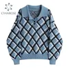 Polo Colletto Pullover Maglione lavorato a maglia Top Donna Manica lunga Argyle Student OL Maglieria casual Plaid Vintage Coreano Donna allentata 210515