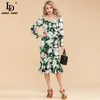 Diseñador de moda de verano Vestido ajustado Mujer Manga larga Estampado floral Fruncido Vintage Sirena Fiesta Midi 210522