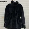 Lautaro Winter Soft Warm Thick Faux Fur Coat Women Drop Shoulder Long Sleeve Zipper Drawstring Fluffy Jacket Korean Fashion 210925