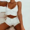 InstaHot Women Two Piece Short Set Lace Patchwork Summer 2021 Fashion Frill Sexy Vintage Streetwear Ruffle Hem Outfit Female Set Y0702