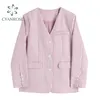 Spring Pink Plaid Blazer V-Neck Cardigan Coat Women Single Breasted Pocket Sweet Stylish Jacket Ins Korean Loose Outerwear 210515