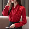 Kadın Bluzlar Gömlek Derin V Yaka Saten Kadın Şifon Zarif Kadın Ofis Bayan Üstleri Beyaz Kırmızı Yeşil Bayan Giyim Uzun Kollu 2021