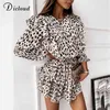 Dicloud Women Leopard Print Szyfonowe sukienki imprezowe Eleganckie długie rękawie detale mini a liniowa sukienka wiosna 2021 panie 210320