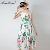 ファッションデザイナーのドレス夏の女性のドレスビーズ刺繍バラの花柄コットンパッチワークシフォンドレス210524