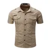 High quality Mens Cargo Shirt Men Casual Solid Short Sleeve s Work with Wash Standard US Size 100% Cotton 210721