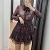 Vintage Women Elegant Geometric Print Dress Fashion Ladies Bow Collar Transparent Chiffon Sweet Female Chic Vestidos 210427