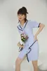 Rękaw Puff Ruffle Bodycon Sukienka Blue Button Tight Mini Kobiety Lato V Neck Tunika Koreański Skromny 210427