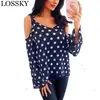 Seksi Kapalı Omuz Yaz Sonbahar Bluz Polka Dot Baskı V Boyun Askısı Uzun Kollu Kadın Güz Dalga Noktası Bluzlar Blusas Mujer 210507 Tops