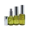 Lege Olive Green Glass Fles Spuit Lotion Pers Pomp Zilveren Deksel Draagbare Cosmetische Verpakking Hervulbare Container Fials 10ml 15ml 20ml 30ml 50ml 100ml