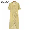 Blomstryck Boho lång klänning Kvinnor Knapp Casual Gul Maxi Sommar Sundress Puff Sleeve Slit ES 210427