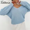 Pull d'automne de mode pour femmes tricoté haut classique basique col en V pulls pulls bleu doux fille pulls 210922