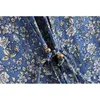 Bohemia Bandage Lacing up Collar Blue Floral Print Dress BOHO Woman Long Sleeve Maxi Holiday Dresses Beach 210429