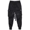 Joggers Erkek Siyah Taktik Kargo Pantolon Hip Hop Street Giyim Kalem Swearpants Şerit Cep Pantolon Elastik Bel HG094 MEN'S215L