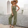 Plised High Waist Solid Color Pocket Spaghetti Pasek Pajaciki Kobiety Casual Streetwear Backless Prostota Proste Kombinezony 210608