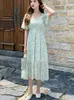 Szyfonowa sukienka Lato Krótki Rękaw V-Neck Ruffles Midi Suknie Office Lady Petal Floral Print Vestidos 210514