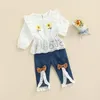 Set di abbigliamento 2022 3-24M Sweet Kids Girl Girasole Ricamo Volant Spalla Pizzo Manica lunga Top + Fiocchi Fessura Pantaloni denim Primavera 2 pezzi