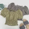 Summer Korean Fashion Lace Bowknot Plaid Puff Sleeve Thin Short Shirt Top Women 210507