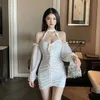 Vår Sexig Strapless Halter Neck Slim Fold Mini Dress Mesh Lace Kvinnors Korea Kort Puff Sleeve Solid Färg Klänningar YQB8 210603