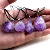 Natural Amethyst stone necklace Irregular Pendant Leather Jewelry Handmade for Girl