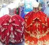 Bling Paillettes Tulle Ball Gown Prom Sweet 16 Abiti Scuro Rosso Oro Ricamato Applique Perline Volant Gonna Abito Quinceanera Per Le Donne