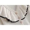 Femmes Blanc Cardigan Pull Perles Bouton Tricoté Veste Manteau Volants Tops Automne Hiver 210421