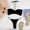 Metal Zincir Bikini Set Seksi Halter Mayo Bandeau Mikro Mini Tanga Beachwear Parti Kadın Bathingsits Iki Parçalı Siyah 210604