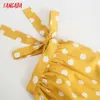 Tangada Summer Women Yellow Dots Print French Style Dress Bow Puff Short Sleeve Ladies Midi Dress Vestidos 2W169 210609