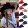 Casquettes de Cowboy occidentales unisexes en laine, casquette Fedora Jazz à large bord avec sangle, chapeau de soleil de plage, chapeaux melon pour Couple