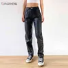 Cargohose Frauen Schwarz Kunstleder Hohe Taille Taschen Mode Sexy Gerade Hose Streetwear 210925