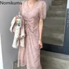 Nomikuma Robe Femmeピンクの花柄プリントドレス女性Vネック半袖到着夏のドレス韓国風のVestidos Mujer 210514