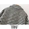 TRAF Women Fashion Oversized Houndstooth Frayed Tweed Jacket Coat Vintage Långärmad Fickor Kvinnlig Ytterkläder Chic Top 211112