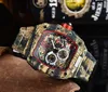 2021 Top Digite Versie Skeleton Dial Alle Richa Fiber Patroon Case Japan Saffier Heren Horloges Rubber Designer Sport Watches217G