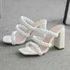 Slippers Trend Weave Design Chunky Heels Women Pumps Ladies Sexy Summer Elegant White Sandals Party Shoes 220309