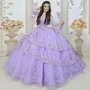 Lavender Beaded Lace Ball Gown Quinceanera Dresses Sequined Sweetheart Neck Long Sleeves Prom Gowns Tiered Sweep Train Tulle Sweet 15 Masquerade Dress
