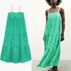 Za Print Pleated Long Summer Dress Women Sleeveless Straps Vintage Green Party Dress Fashion Smocked Elastic Backless Dress 210602