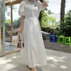 Wiosna Słodkie Damskie Dress Solid Color O-Neck Rękaw Puff Sleeve Casual Loose High Waist Mid-Calf White Robe QB186 210510