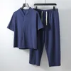 Men's T-Shirts Large Size Clothing Vintage Tracksuit 2021 Summer Blue Home Suit Linen T Shirt