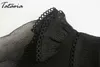Woman Fashion Blouse with Lace Black Long Sleeve Shrit Mesh Patchwork Knitted Round Neck Falbala Bubble Pullover 210514