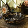 검은 꽃 모양 중국 예술적 수제 도자기 라운드 욕실 카운터 탑 세라믹 싱크 욕실 아트 분지 세면기