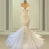 New Year's African Spaghetti Strap Mermaid Wedding Gowns Beaded Embroidery Lace Wedding Dresses Sweep Train Organza Bridal Gown Formal Robes De