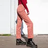 Chenkered Plaid Élastique Taille Haute Pantalon Femme Bouton Large Jambe Dames Pantalon Droit Lâche Streetwear Fille Été 210518