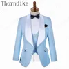 Thorndike Mens Fashion Big Shawl Lapel 3 Pieces Set Pink Red Blue White Wedding Groom Suits Quality Jacquard Banquet Tuxedo Men's & Blazers