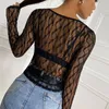 Women's T-Shirt Black White Lace Mesh Sheer See Through Long Sleeve Button Crop Top Sexy Women Streetwear Summer Y2K Aesthetic Tee