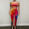 Hirigin Moda 2020 Yaz Sarı Orangen Kırmızı Mavi Degrade 2-piece Set Slash Boyun Kısa Tops Lon G Flare Pantolon Chic Setleri Y0702